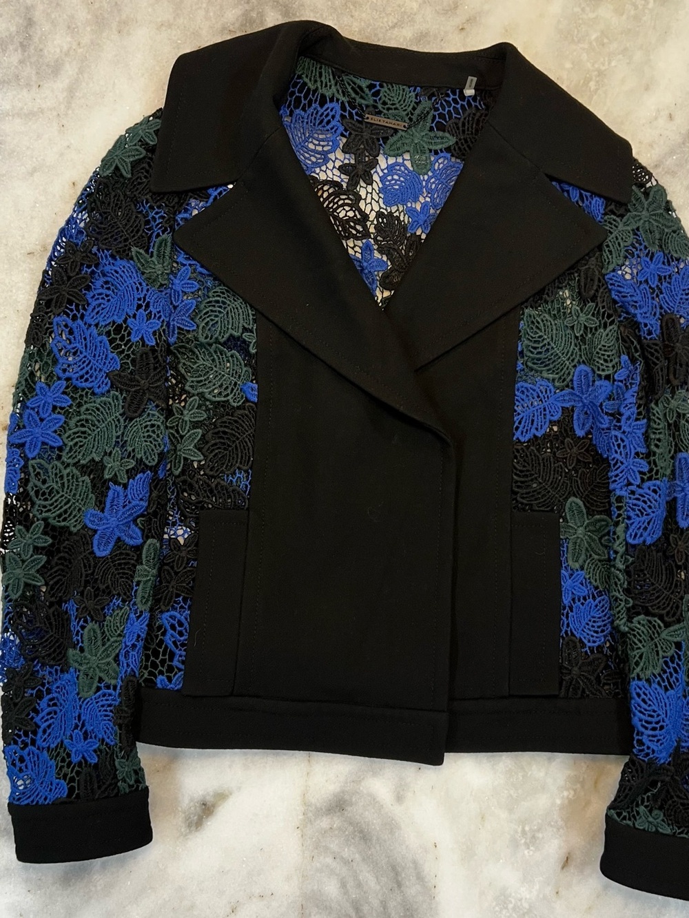 Elie Tahari Black Blazer with Blue & Green Floral Lace